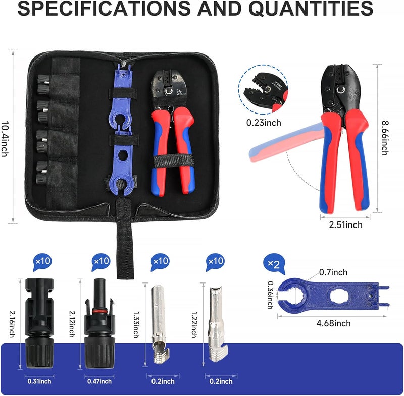 IGOYE Solar Crimping Tool Kit for Solar Panel Cable Connectors 14-10AWG,mc4 Connector kit Includes 10 Pairs 1000V 30A Connector, 2 PCS Spanner Wrench and Solar Crimper Tool for 2.5/4/6mm² PV Cable - Image 2